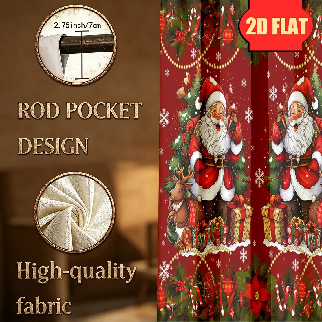 Christmas Santa Claus Family Christmas Curtain Pair Red Holiday Festive Window Drapes for Living Room Decor