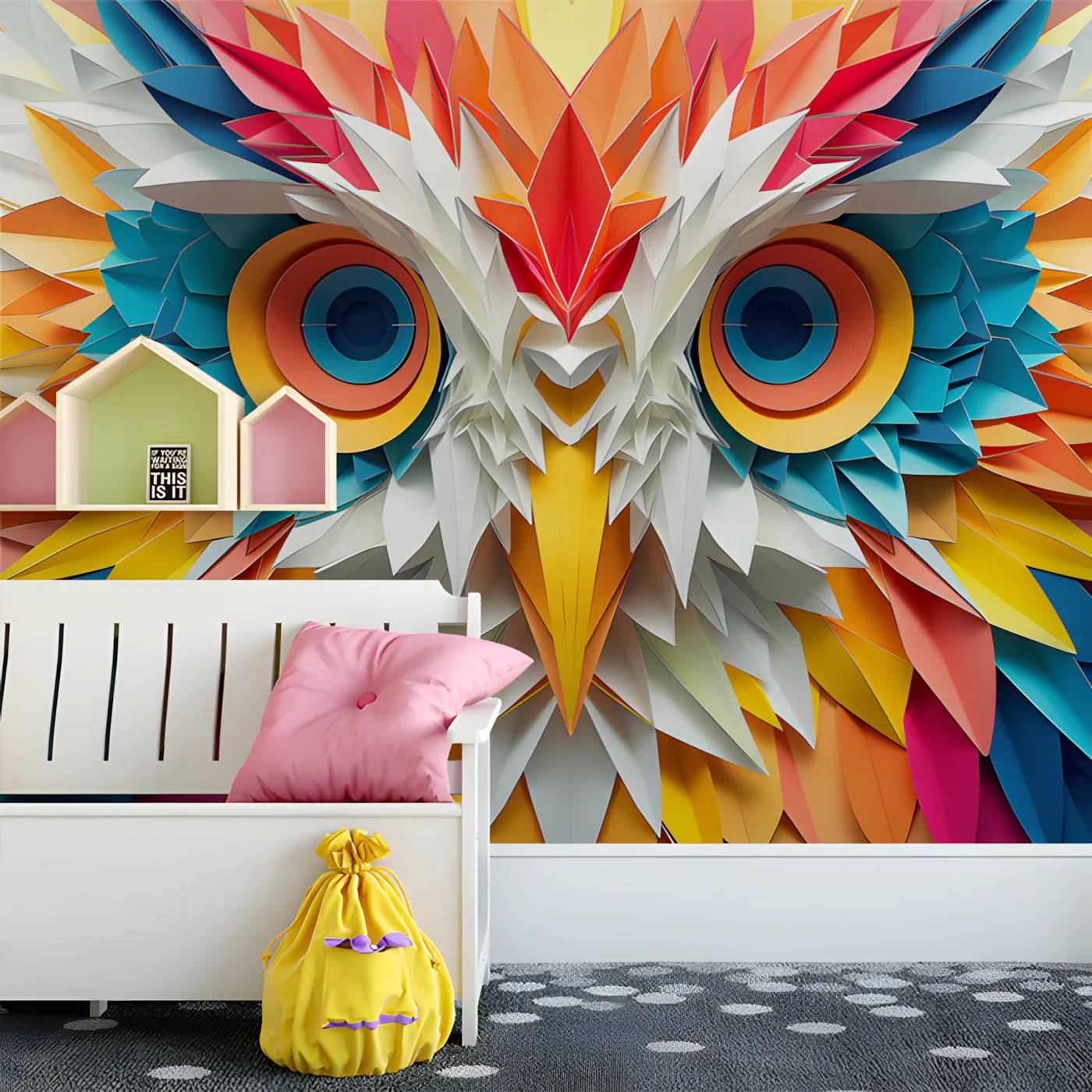Geometric Owl Mural Wallpaper in Room Various Colors Custom Peel and stick wallpaper