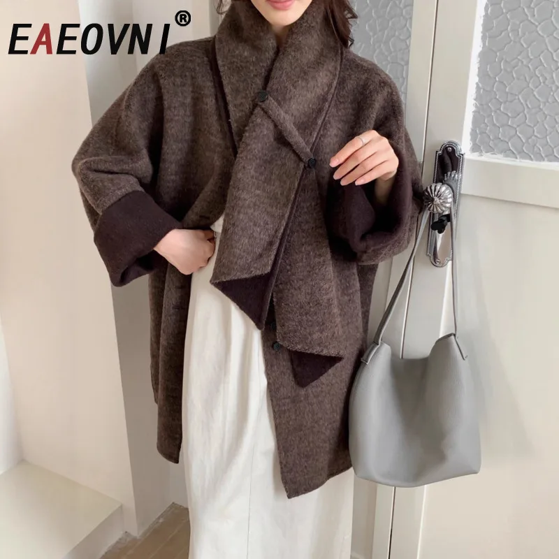 

EAEOVNI Winter New Wool Jacket Women Fashion V Neck Scarf Patchwork Design Button Solid Color Loose Coat 2026 Clothing
