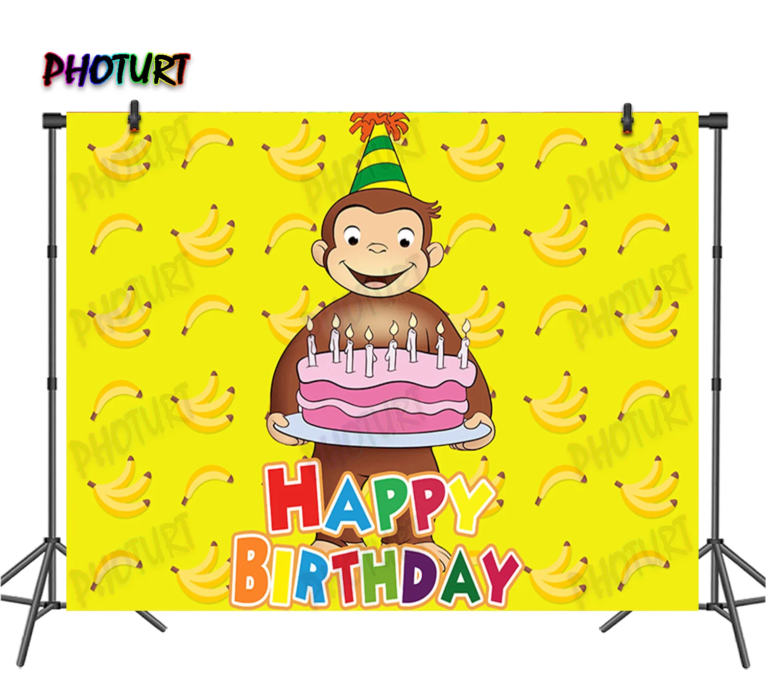 PHOTURT George Monkey Backdrop Kids Birthday Background Yellow Banana Cake Vinyl Polyester Photography Studios Decoration Props