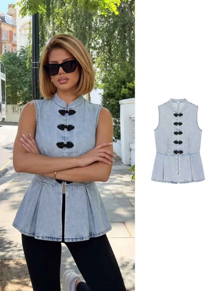 HH Women's Summer Washed Denim New Chinese Vest Mandarin CollarPeplum Hem Waistcoat Casual Office Festival Party Outerwear