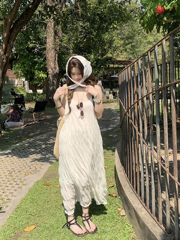 

plus Size Women's Sweet Folded Strap Dress Knee-Length White Summer New Style Casual A-Line Skirt Korean Style Comfortable Dress
