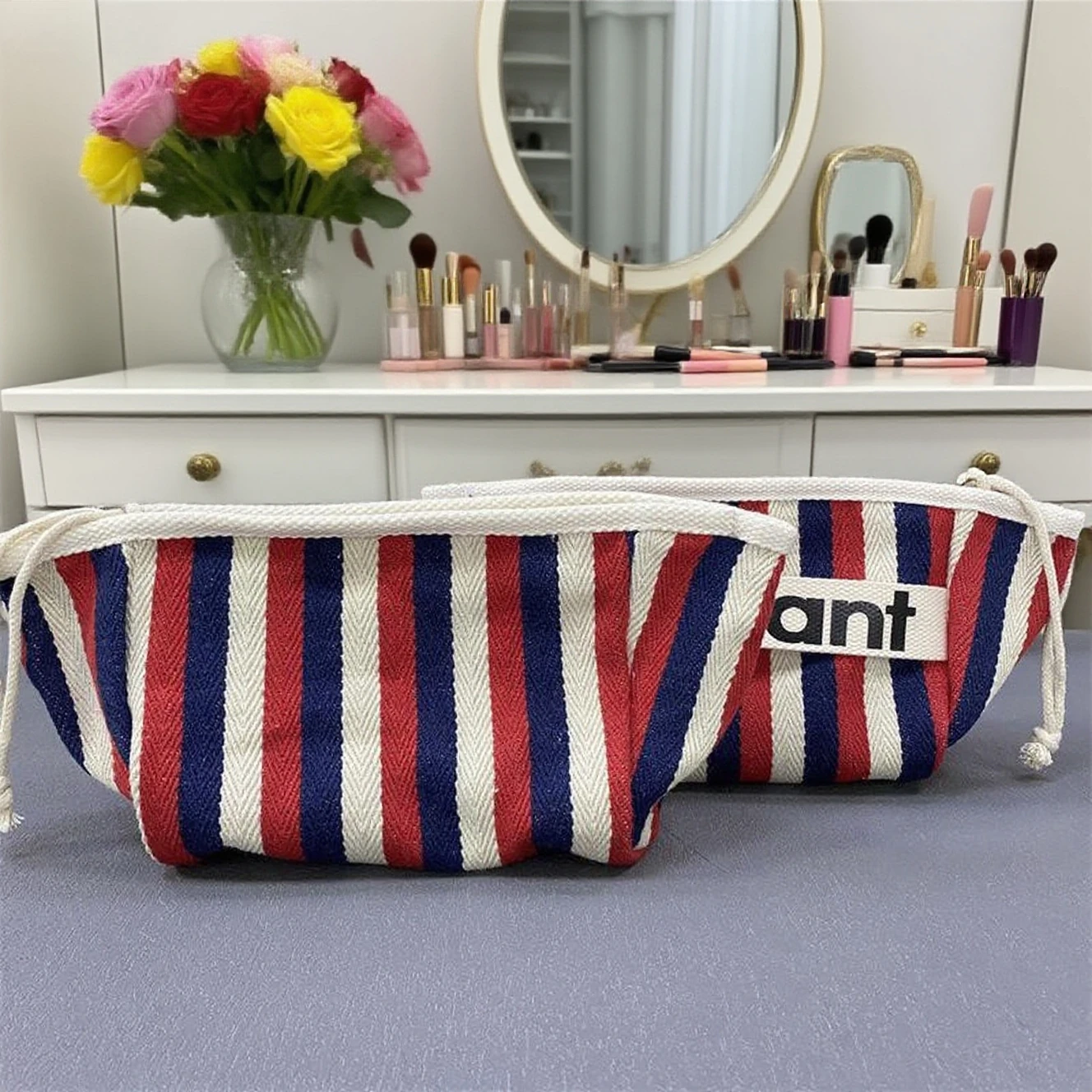 2025 جديد pochette zippée en coton 2025, hot sac à cosmétiques en toile à rayures à la mode, sac en tissu portatif