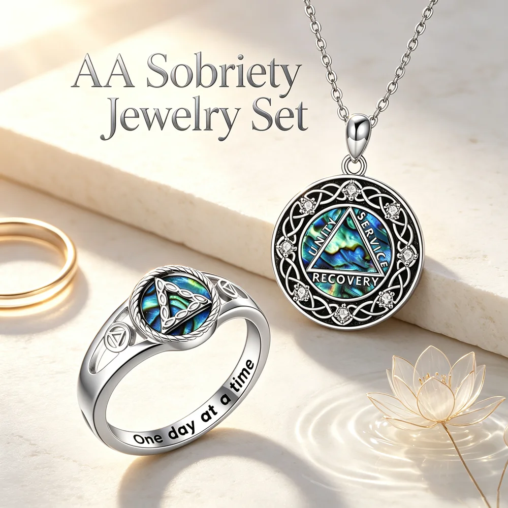 AA Sobriety Jewelry Set Unity Service Recovery Abalone Shell Celtic Knot Pendant Necklace, Triangle Ring Recovery Keepsake Gift