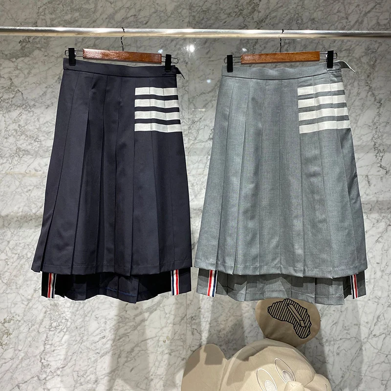 Fashion TB Style Women Wool Long Pleated Jupe Korean Classic White Four Bars Striped Skirts Female Casual High Waist Midi Skirt