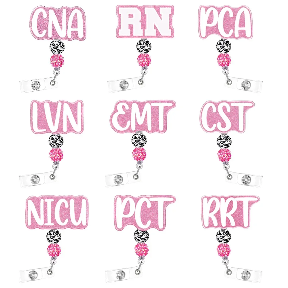 2023 New Design 1 Piece Fashion Glitter Acrylic Beads Retractable Nurse Badge Reel Girls Doctor Name Tag ID Card Holder Lanyard