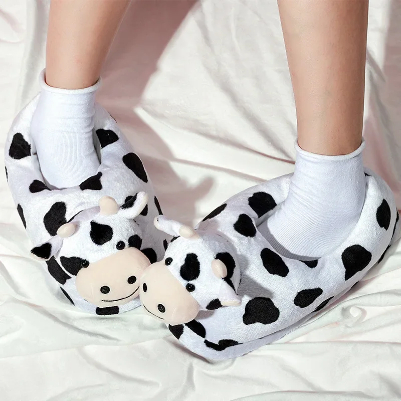 2023Cute Animal Slipper for Women Girls Kawaii Fluffy Winter Warm Slippers Woman Cartoon Milk Cow House Slippers Funny Shoes