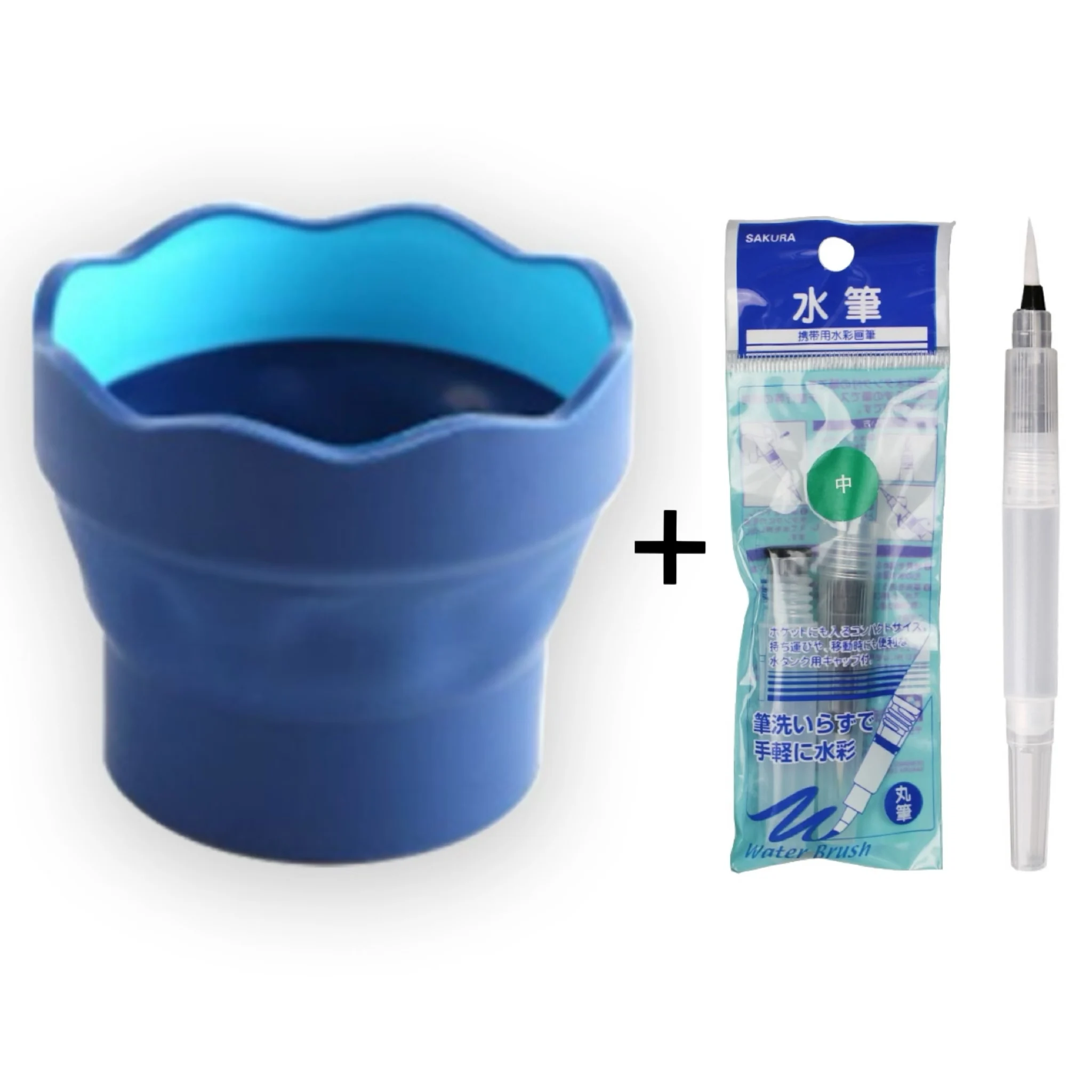 Faber-Castell Clic & Go opvouwbare mini-verfemmer met Sakura aquarelpenseel, verfwasbak, reinigingsmiddel en tekenbenodigdheden.