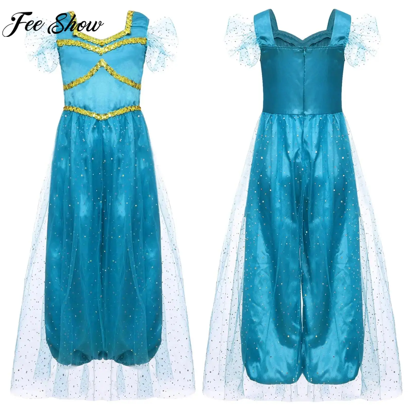 

Костюм принцессы арабского жасмина для девочек, карнавальный костюм с блестящими пайетками, сетчатый комбинезон, боди для танца живота на Хэллоуин, карнавал