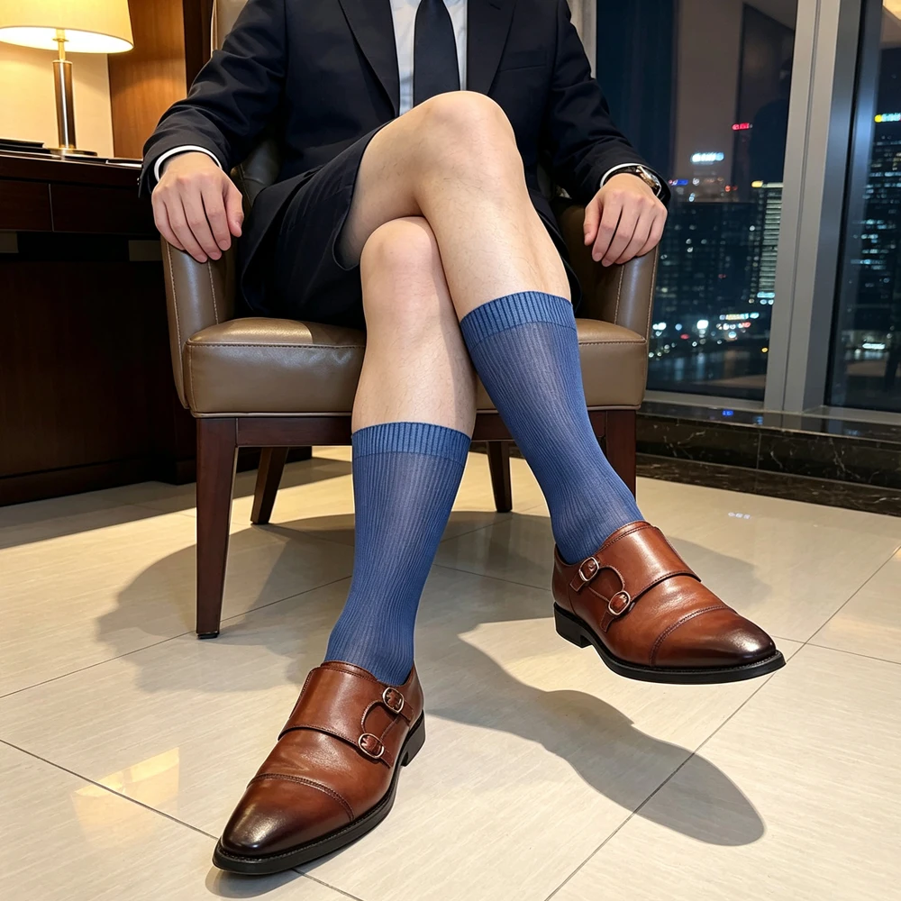 Men's Cotton Ribbed Dress Socks Formal Business Calf Length Breathable Solid Color Office Luxury Suit Socks
