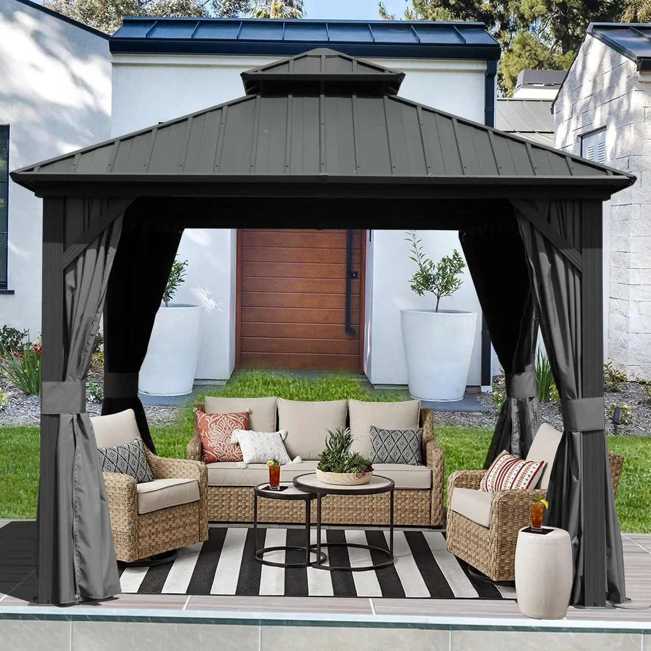 10x10 FT Hardtop Gazebo, Aluminum Outdoor Pavilion with Galvanized Steel Double-Roof Canopy, Curtains and Netting Included, Permanent Metal Gazebo for Patio, Lawn and Garden, Gray