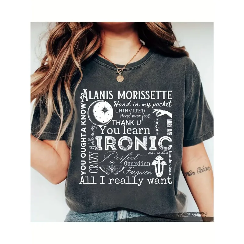 Concert merchandise T-shirt Alanis Morissette tour commemorative T-shirt, lyrics and moon phase pattern