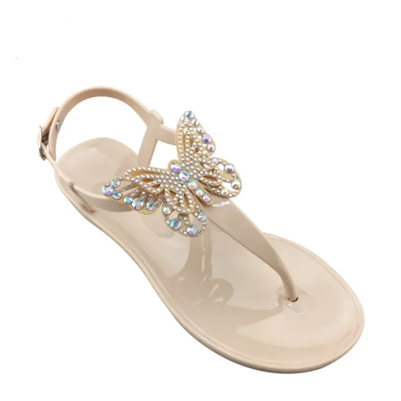 2024 NEW Summer Women\'s Flat Beach Shining Rhinestones Butterfly Sandals T-strap Thong Flip Flops Slippers Female Shoes