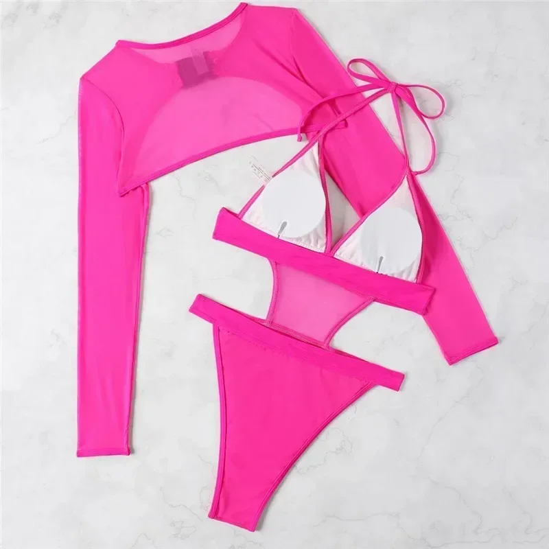 Costume da bagno sexy con scollo all'americana Monokini Costume da bagno intero da donna con grembiule a maniche lunghe Costume da bagno da spiaggia 2025