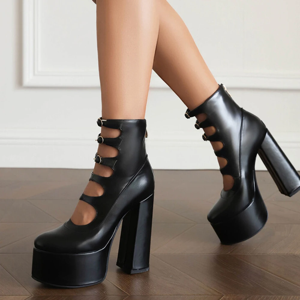 RIBETRINI Platform High Heels Summer Cutout Ankle Boots Zip Design Party Dress Sexy Punk Buckle Round Toe Shoes Motorcycle Boots