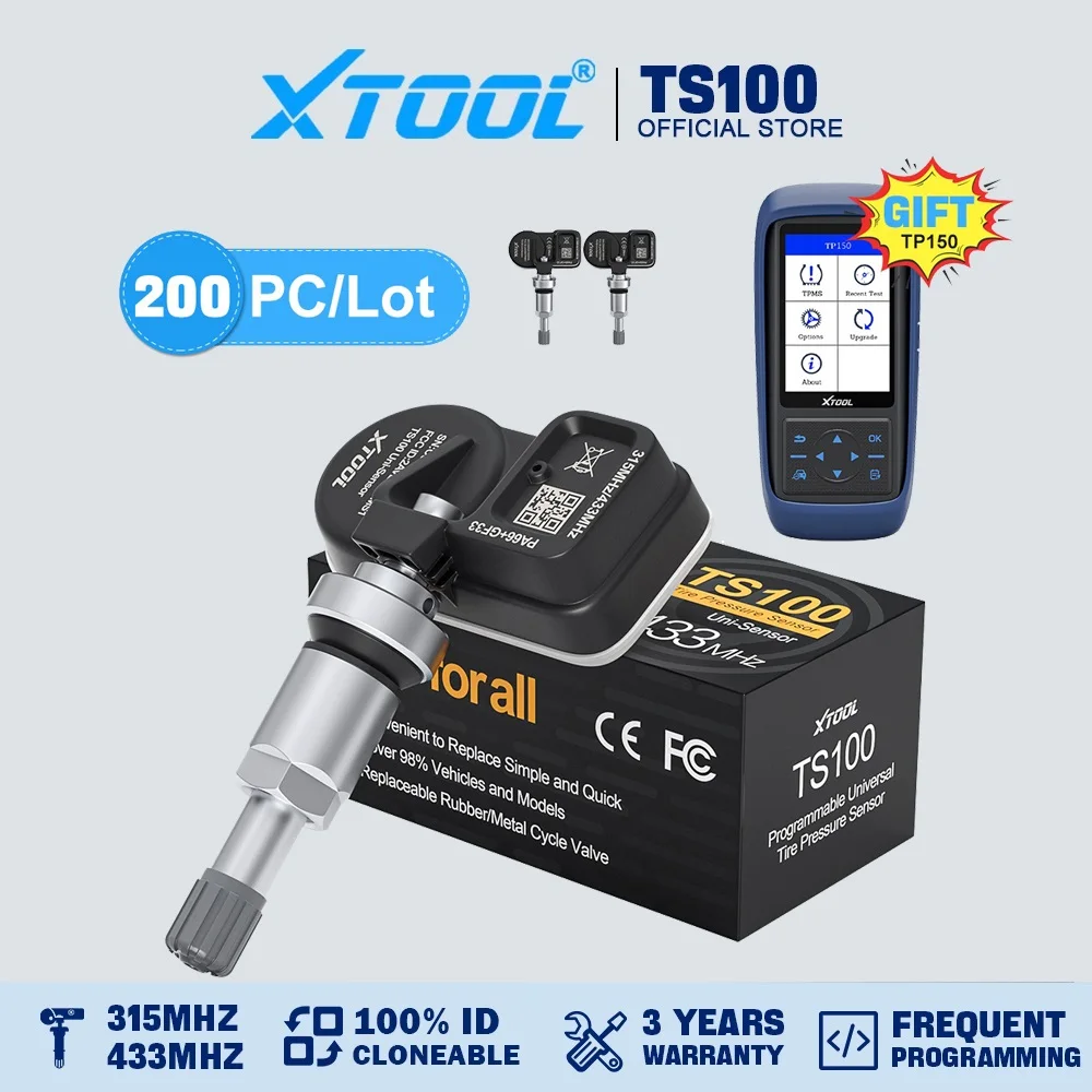 XTOOL 200PCS TS100 433MHz & 315MHz Sensors TPMS Programmer Tire Repair Tool Tire Pressure Monitor Tester Get a Free XTOOL TP150