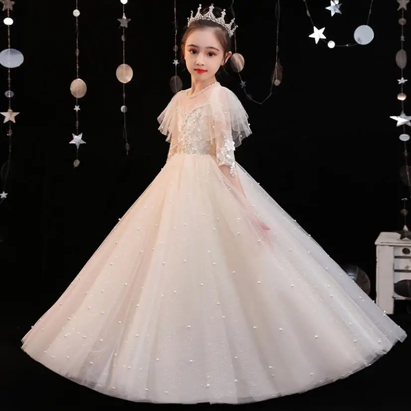 White Lace Girls Wedding Dress Beads Tulle Flower Girl Party Princess Birthday Dress Kids Long Dress Prom Formal Communion Gown