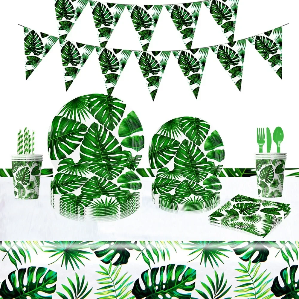 10Guests Hawaii Theme Disposable Tableware Turtle Leaves Green Tropical Plants Plates Cup Napkin Happy Summer Hawaii Party Decor