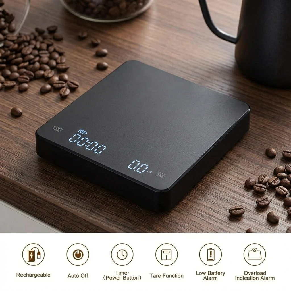

1PC LED Screen Digital Kitchen Scale with Timer USB Powered Espresso Coffee Maker 3KG Max 0.1g Precision Measurement in Oz/g/ml