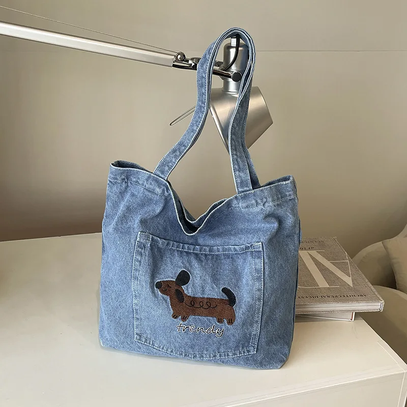 Cartoon Embroidery Puppy Denim Shoulder Bags for Women Versatile Large Capacity Ladies Handbag Daily Casual Female Tote Bag