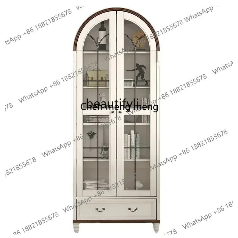 

LHY26 ss new Solid Wood Light Walnut Bookcase, Arched Glass Door, Wine Cabinet, American Style, 80cm, 1 m