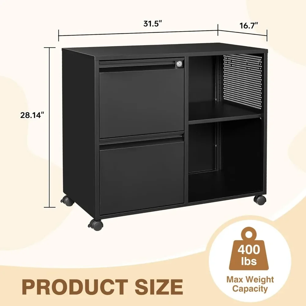 Lateral 2 Drawer Filing Cabinet with Lock, Mobile File Cabinet on Wheels, Printer Stand with Storage for A4 File Folders,Customi