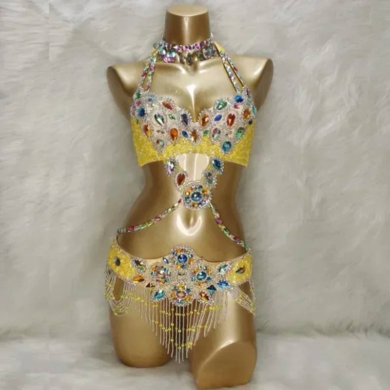 A 2025 Belly Dance Women Samba Carnival Rio Costume Bra and Belt Stage Performance Wear Handmade Beads Adult Show New xjr89