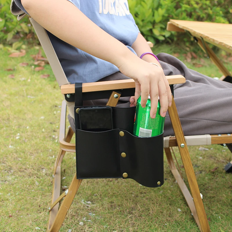 Camping Chair Pocket, Beach Chair Pouch with 2 Leather Pockets,  Wheelchair Side Bag for Bedside/Outdoor/Beach/Camping