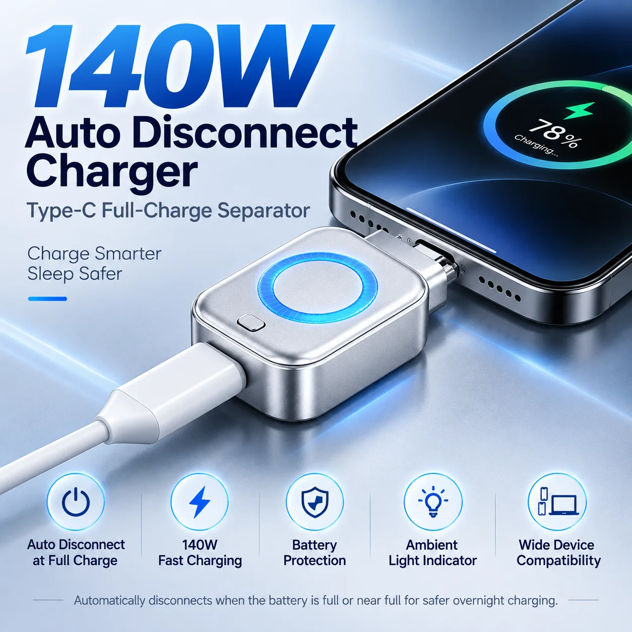 140W Type-C Charging Adapter Universal Separator Anti-Overcharge for Safe Overnight Charging Smart Auto Stop Charging