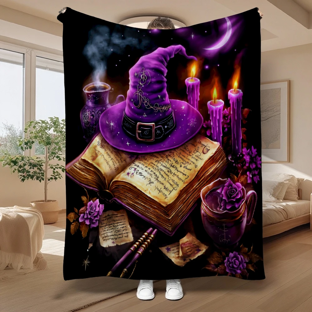 Purple Witch Hat And Spellbook, Gift for Magic Lovers, Blanket, Candles And Roses Design, Home Decor, Soft Cozy Multi-Purpose, f