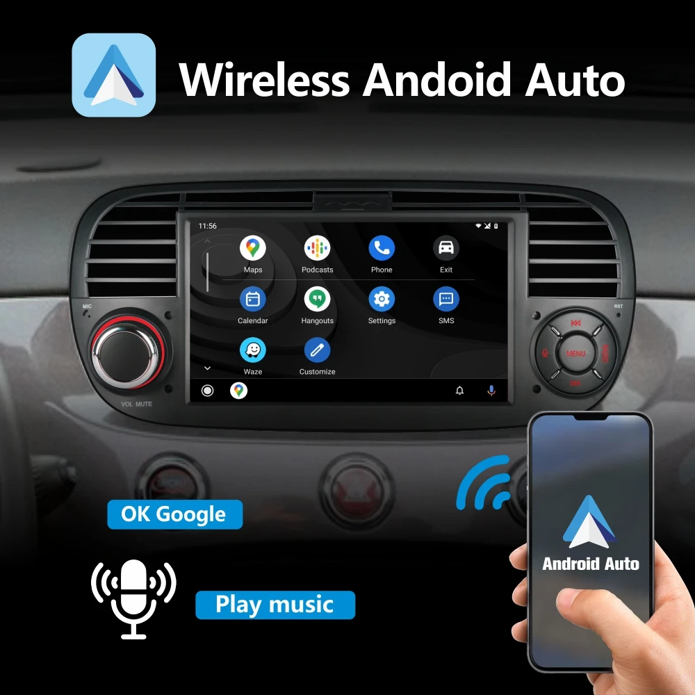 Car Radio with Wireless Carplay Android Auto for Fiat 500 2007-2015 with 7\