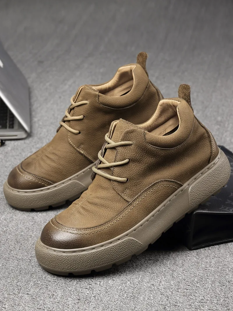 Men Shoes Cow Leather High Top Work Autumn Winter Thick Soled Warm Plush Casual Genuine Leather Motorcycle Hiking Snow Boots