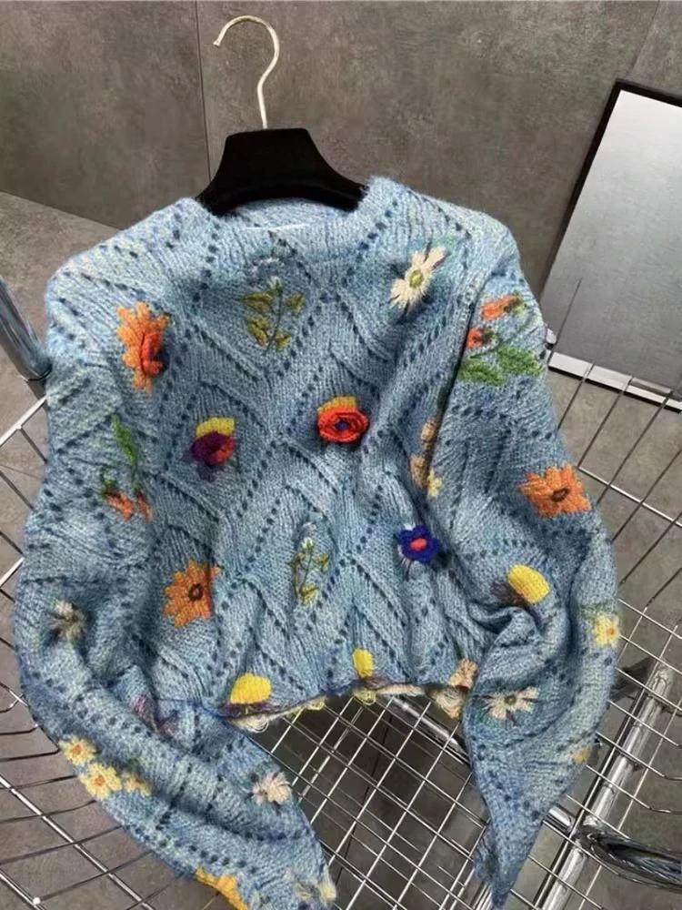

Fashion Vintage Design Pullovers Three Dimensional Flowers Hollow Out Long Sleeve Short Sweaters Loose Knit Tops Women Clothing