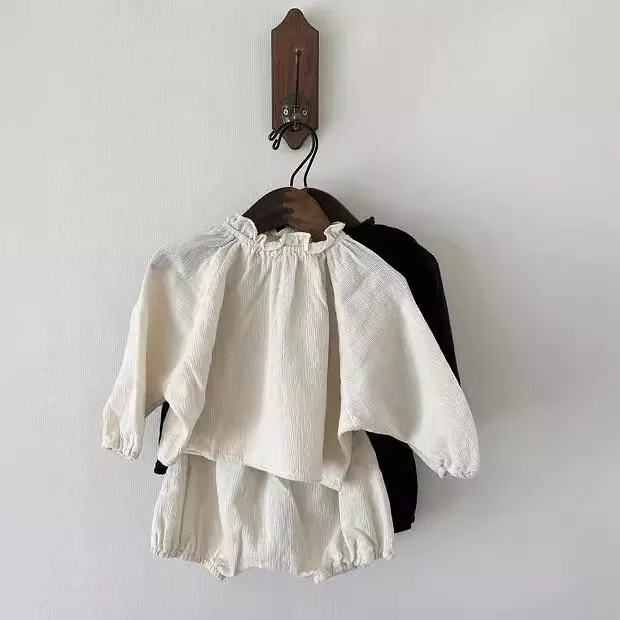 Childrens Sets Japanese Child Spring Autumn Cotton Hemp Shirt Doll Collar Shorts Children Causal Two Pieces 2024 Simple