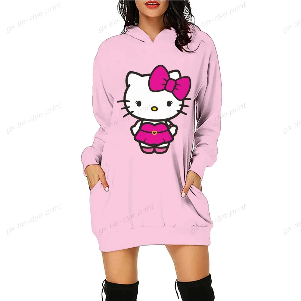 HELLO KITTY Autumn Women Hoodie Dress Fashion Slim Fit Sweatshirt Dresses for Women Pocket Hooded Casual Dress Mini Dress