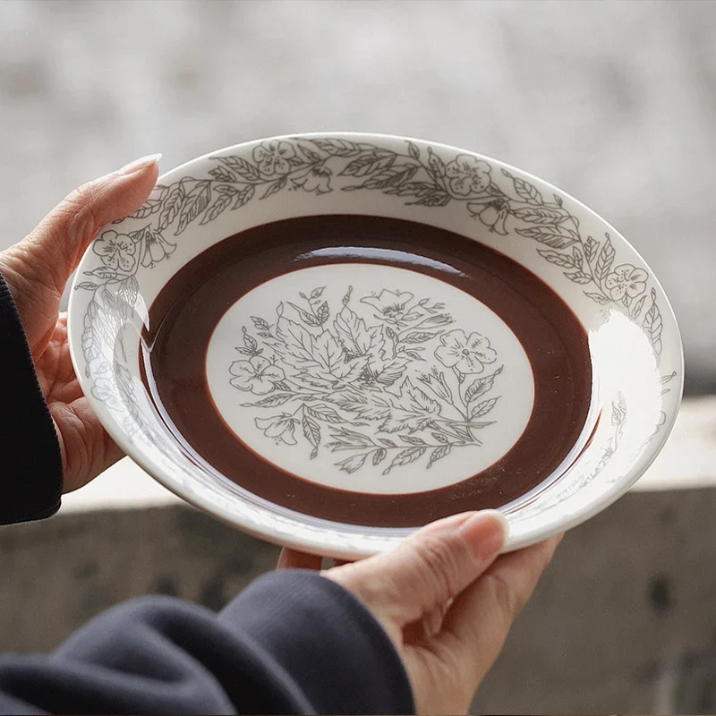 Chinese Retro Style High Temperature Firing Ceramics Coffee Cup And Saucer Set Pretty Hand Drawn Patterns Breakfast Pasta Plate