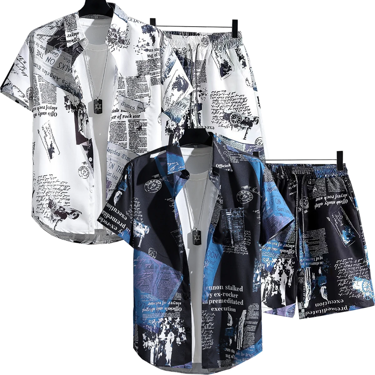 

Men's shirt casual shorts white T-shirt set printed pattern top surfing vacation casual beach shorts styles multiple choices