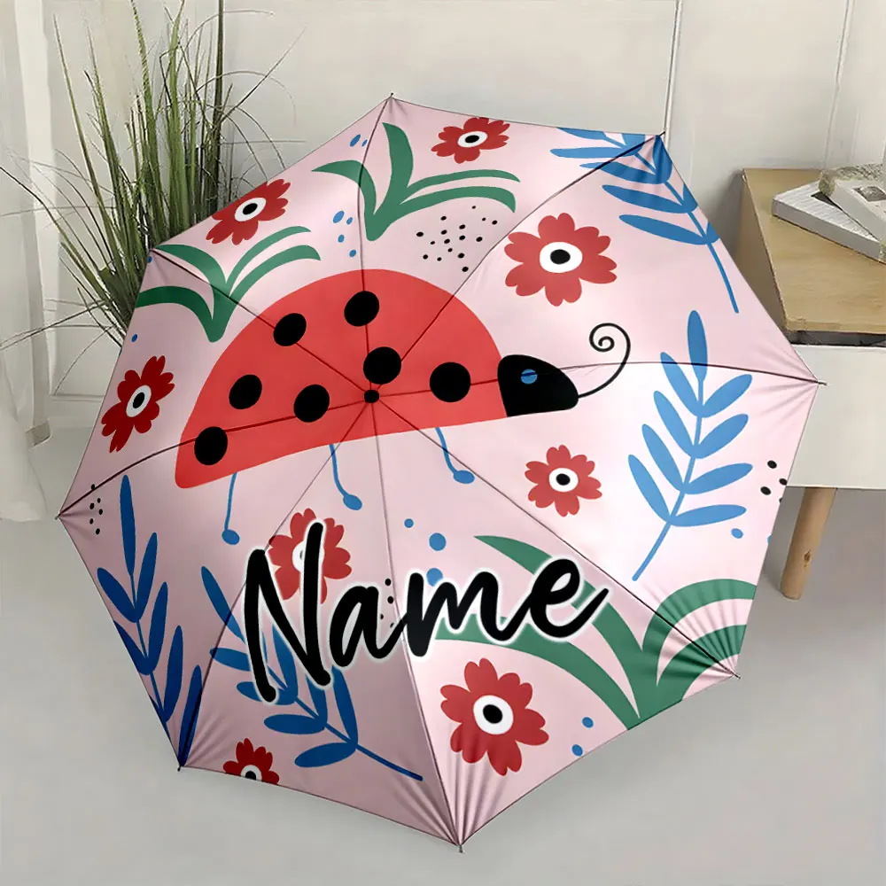Custom Name Colorful Ladybug and Floral Pattern Umbrella Design Print 8 Iron Ribs Folding Umbrella Auto-Open Fashion Sunshade