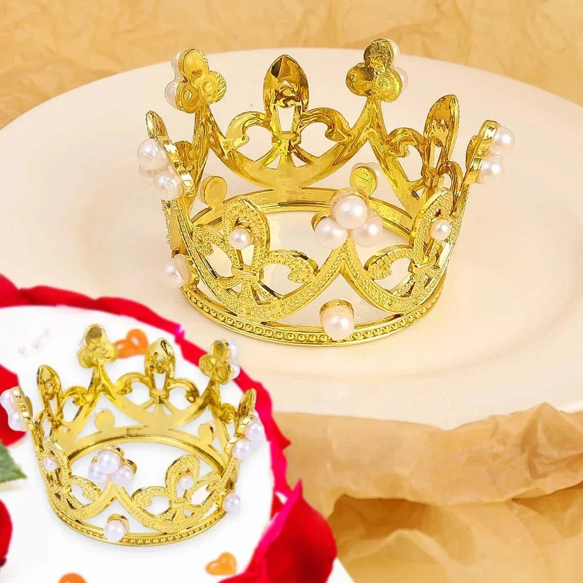 50/1pcs Mini Crown Cake Decoration Princess Topper Pearl Tiara Children Hair Ornament for Wedding Birthday Party Cake Decoration