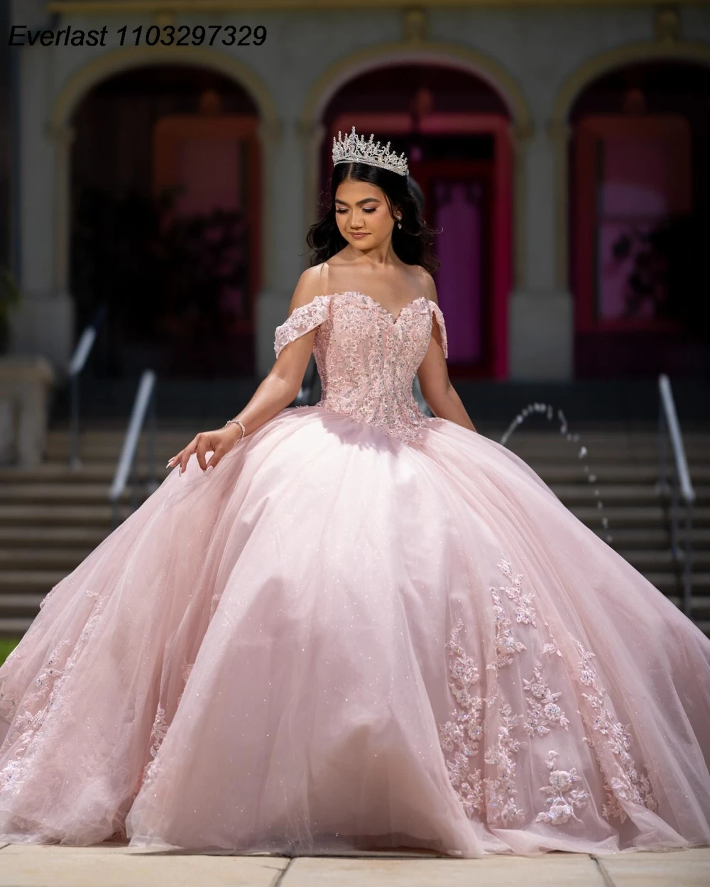 EVLAST Customized Pink Quinceanera Dress Ball Gown Lace Applique Beaded Bow Mexico Corset Sweet 16 Vestido De 15 Anos QD1136