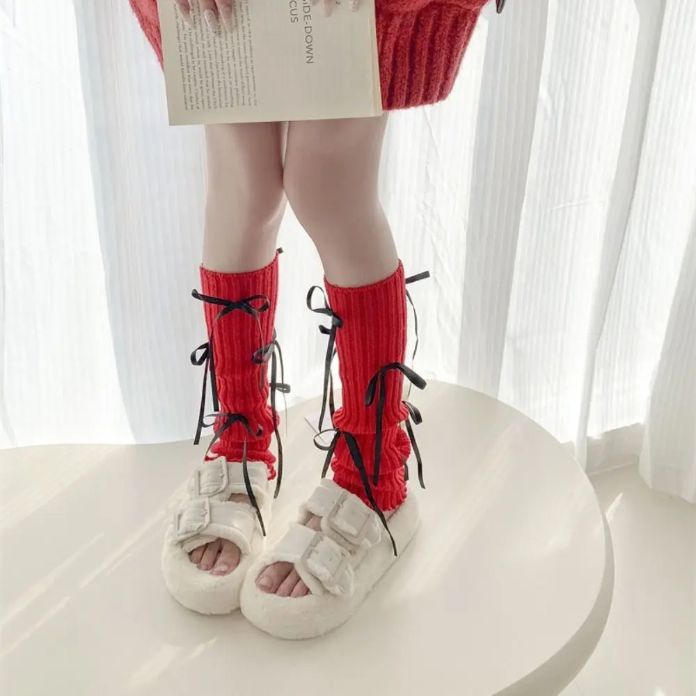 Chaussettes rouges japonaises mignonnes avec nœud papillon, poignets de botte, ballet Lolita, Noël, genou, Y2K, chaud, jambe, nouvel an