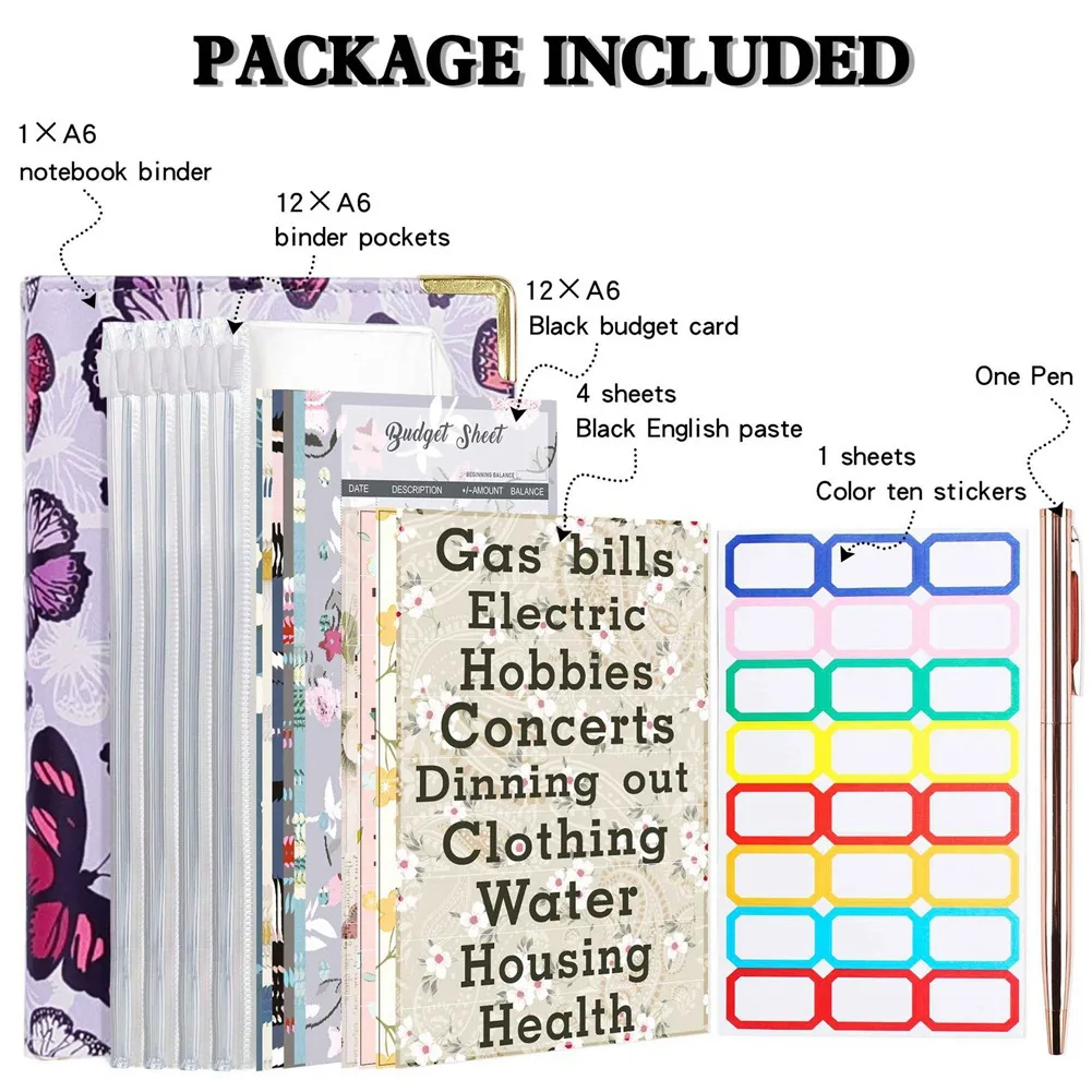 ซองซิปสมุดแพลนเนอร์ลายนูนรูปผีเสื้อ A6ซองเงินสดออแกไนเซอร์จัดงบประมาณสำหรับเงินสดสีม่วง