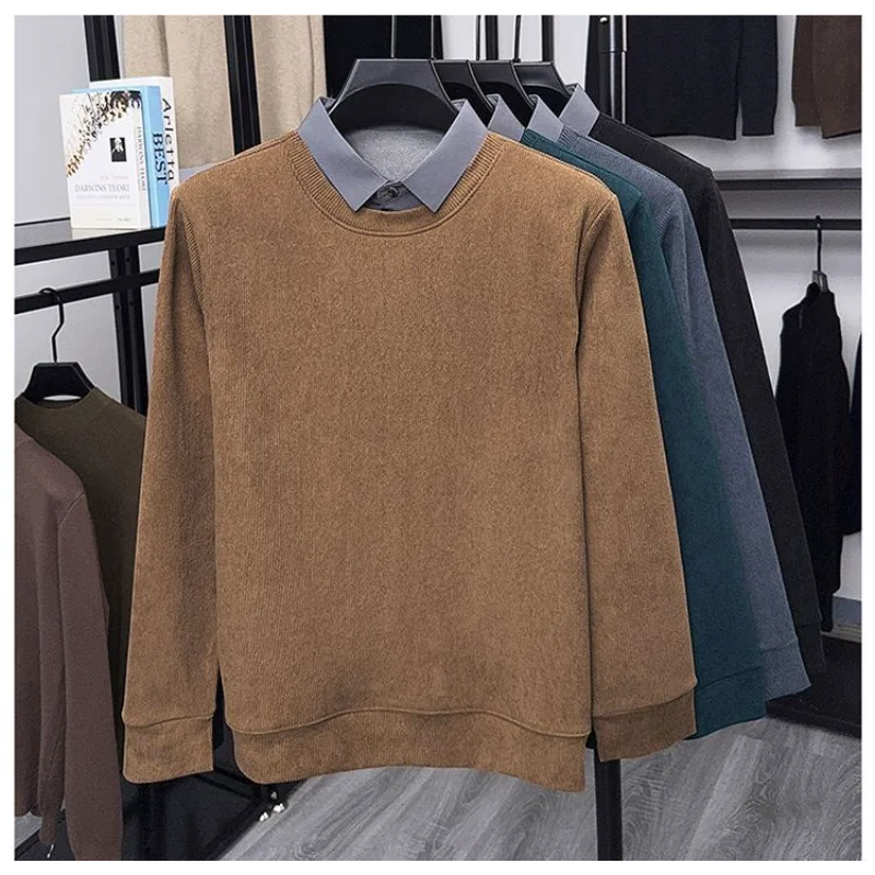 2025 New Autumn Winter Fake Two-piece Men's Long-sleeved T-shirts Plus Velvet Thickened Solid Simple Bottoming Shirt Tops