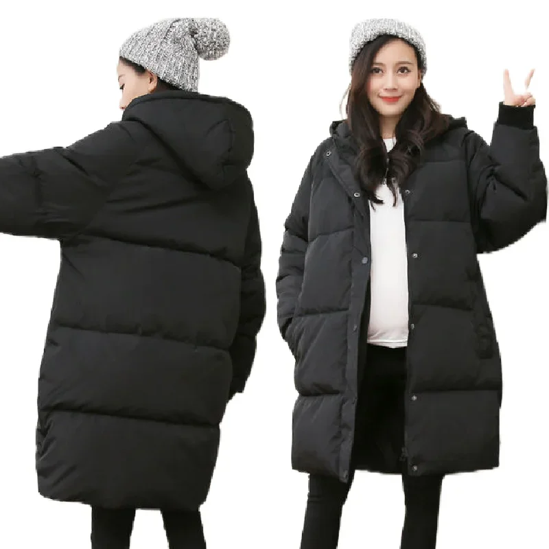 Women Maternity Long Puffer Jacket Windproof Thickened Winter Coat Hooded with Pockets Pregnant Ladies Warm Winter Jacket