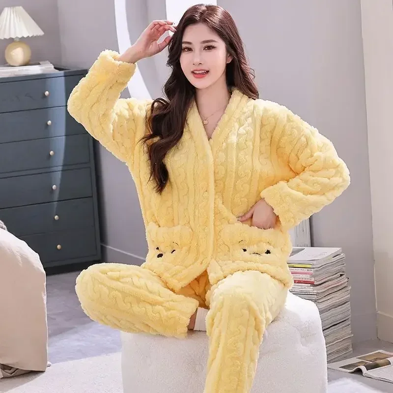 Coral Velvet Pajamas Ladies Fall Winter Warm long sleeve Sleepwear cardigan sweet Flannel loungewear set pijamas feminino