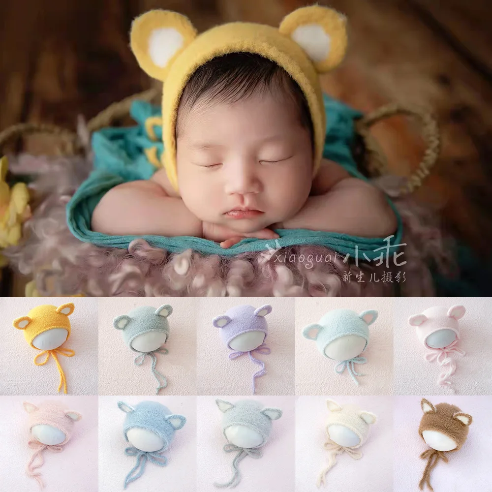 Topi telinga beruang bayi baru lahir, topi rajut telinga beruang lucu buatan tangan, topi telinga hewan benang wol rajut, topi kucing, topi fotografi, alat peraga foto Studio