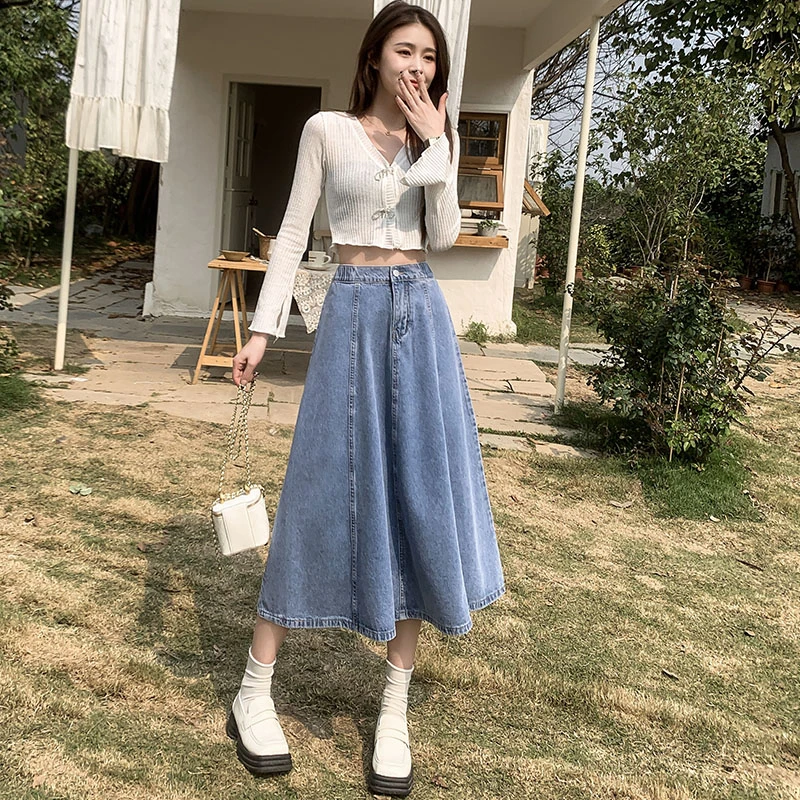 Korean Summer Above Knee Slim Fit Skirt with Straight Lines Denim skirt Long skirts Slit skirt Denim midi skirt High waist