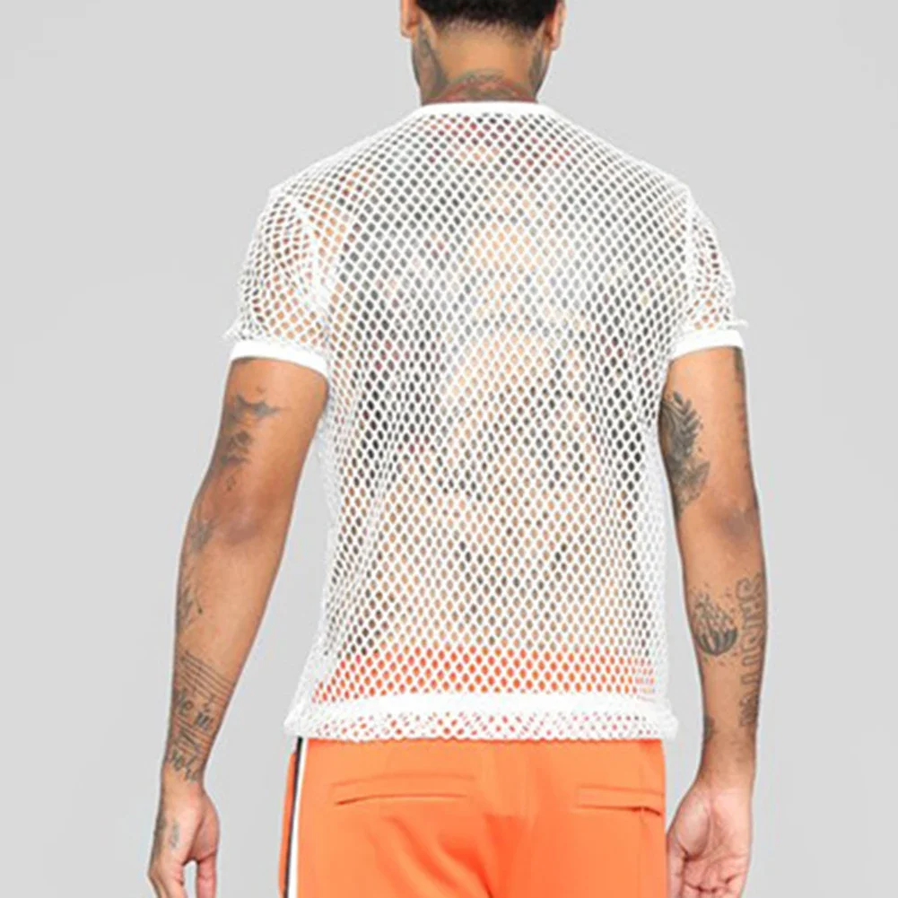 Tee Men Shirts Comfortable High Quality T Shirts Tops Autumn Transparent Fish Net Mesh Net Nightclub See Through