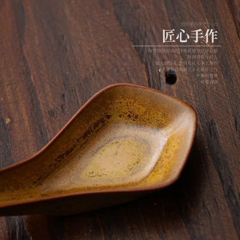 Japan Creative Stoneware Diamond Spoon Ceramic Polygonal Spoon Retro Small Soup Scoop Coffee Dessert Scoop Household Tableware