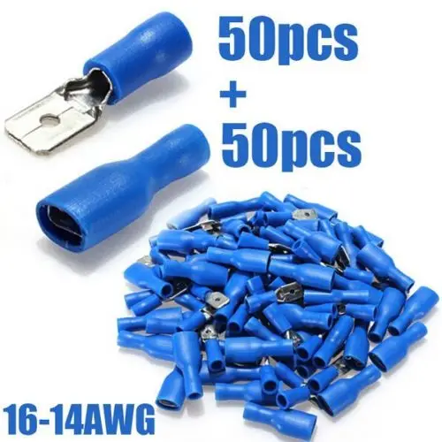 100pcs Fully Female&Male Spade Terminals Crimp Connector Blue 16-14AWG